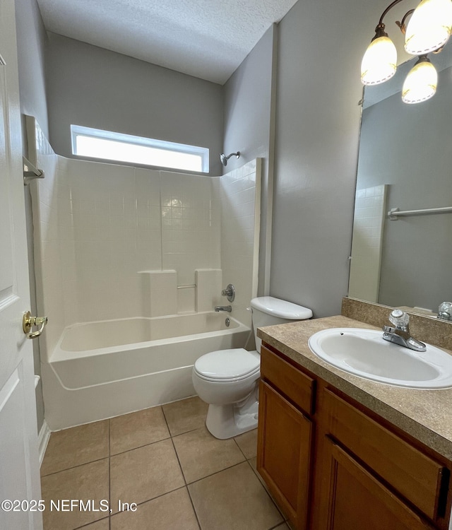 full bath with a textured ceiling, tile patterned flooring, toilet, vanity, and  shower combination