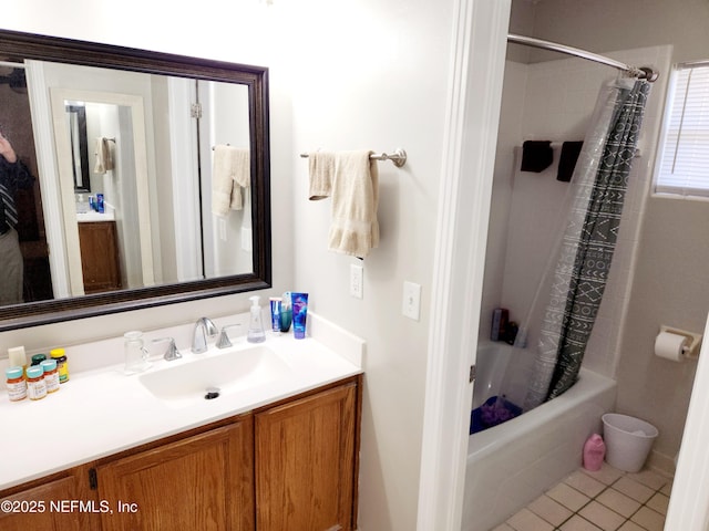 bathroom featuring shower / bath combo, vanity, and tile patterned floors