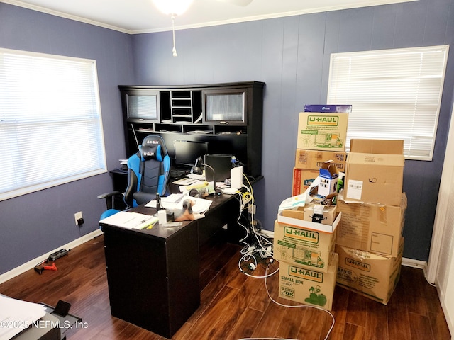 office featuring baseboards, ornamental molding, and wood finished floors