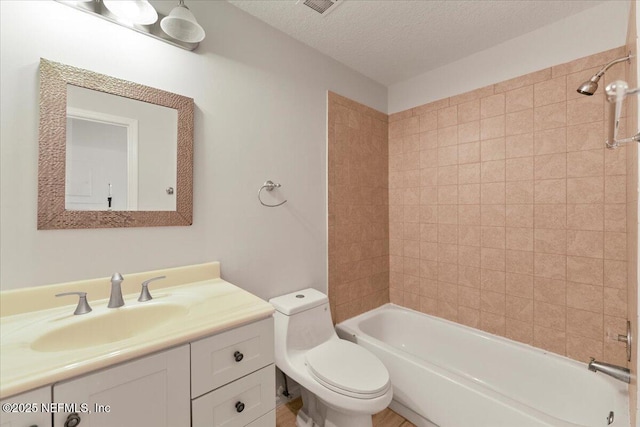 full bath with shower / bathing tub combination, a textured ceiling, vanity, and toilet