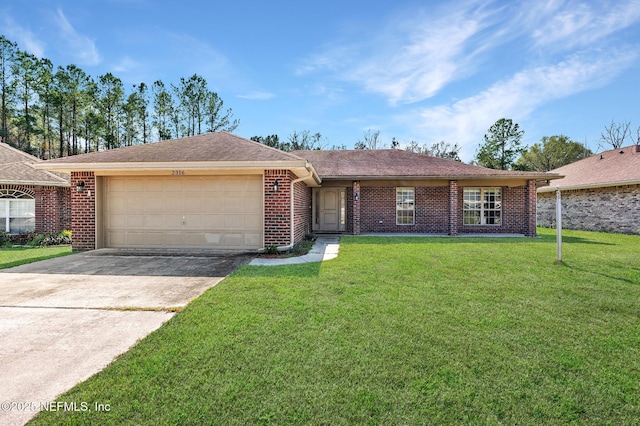 ranch-style home featuring a garage, brick siding, a shingled roof, concrete driveway, and a front lawn