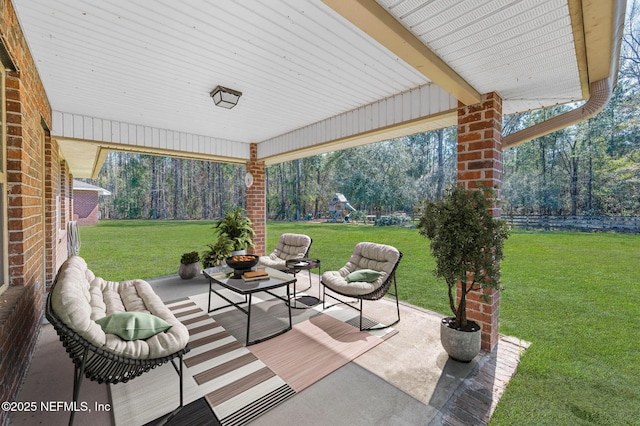 view of patio / terrace featuring a playground and an outdoor hangout area