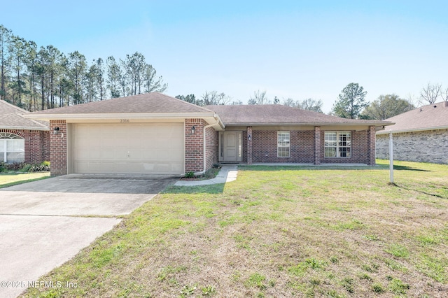 single story home with a garage, driveway, a front lawn, and brick siding