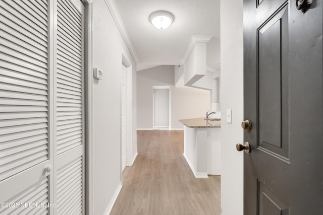 10961 Burnt Mill Rd Unit 935, Jacksonville, FL 32256 - corridor featuring light wood-style floors, baseboards, ornamental molding, and a sink