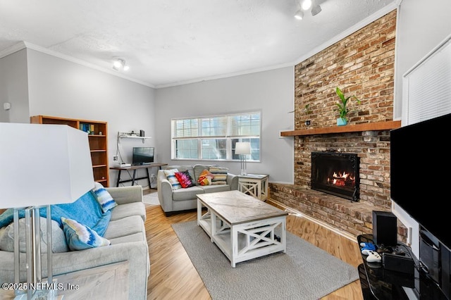 living room featuring a textured ceiling, wood finished floors, a fireplace, and crown molding