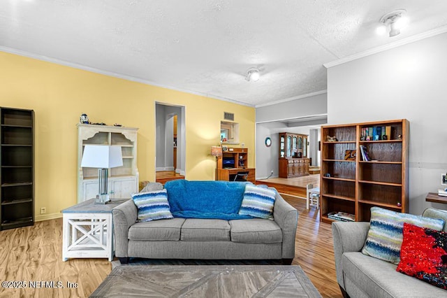 living room featuring ornamental molding, wood finished floors, and a textured ceiling