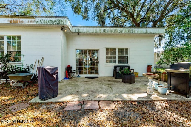 rear view of house featuring a patio area and concrete block siding