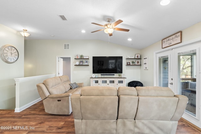 living room featuring baseboards, visible vents, dark wood-style flooring, vaulted ceiling, and recessed lighting