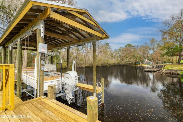 dock area featuring a water view and boat lift