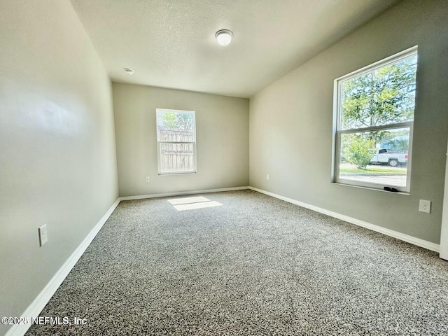 spare room with carpet floors, baseboards, and a textured ceiling