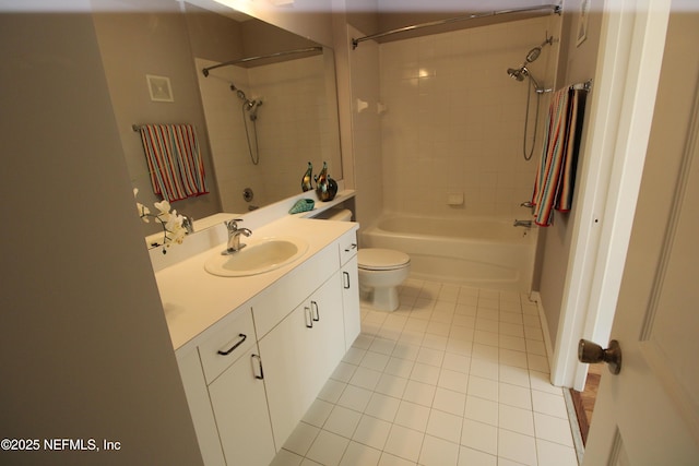 full bath featuring toilet, shower / washtub combination, tile patterned flooring, and vanity