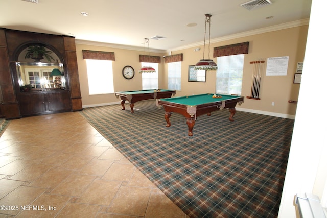 rec room featuring ornamental molding, pool table, visible vents, and baseboards