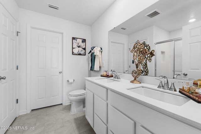 full bathroom featuring visible vents, a stall shower, toilet, and a sink