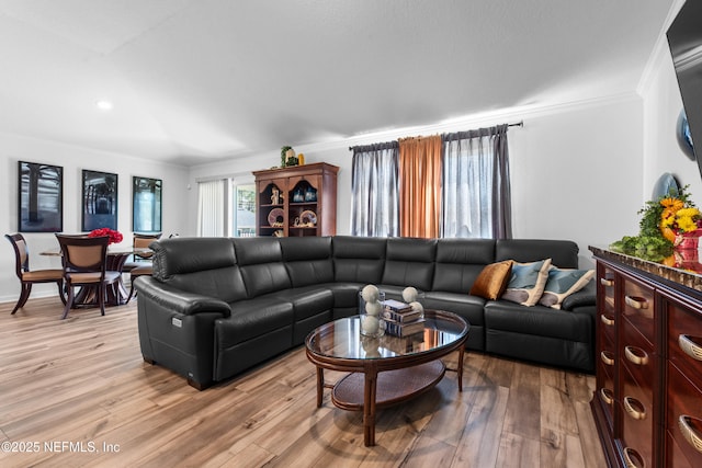 living area featuring light wood-type flooring and ornamental molding