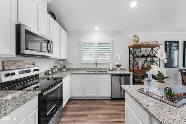 kitchen featuring wood finished floors, stainless steel appliances, crown molding, and a sink