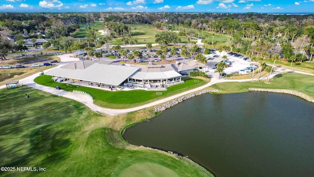 aerial view with view of golf course and a water view