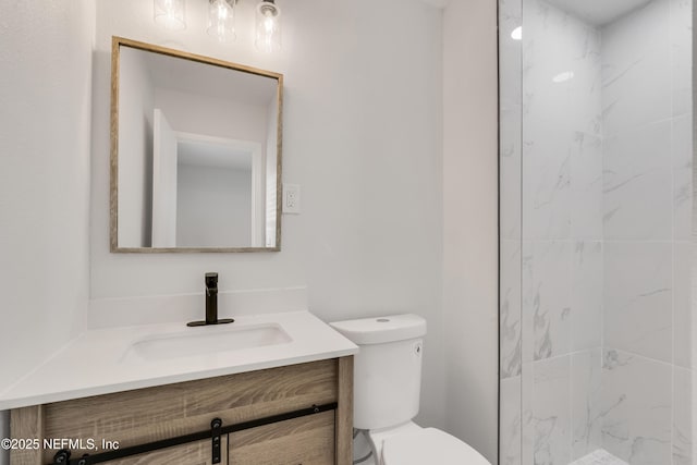 full bathroom featuring toilet, a walk in shower, and vanity