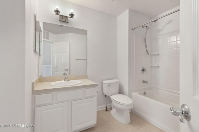 bathroom featuring shower / bath combination, toilet, a textured ceiling, vanity, and tile patterned flooring