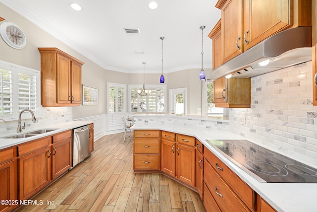 kitchen with visible vents, a sink, under cabinet range hood, dishwasher, and black electric cooktop