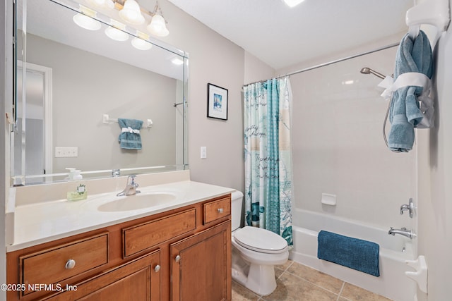 bathroom featuring tile patterned floors, toilet, vanity, and shower / bathtub combination with curtain