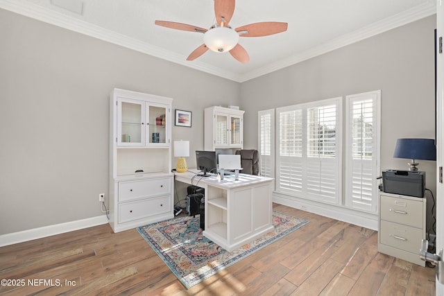 home office featuring ceiling fan, light wood-type flooring, crown molding, and baseboards