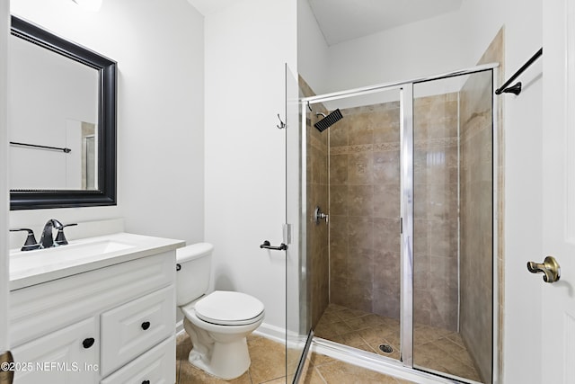 full bathroom with toilet, a shower stall, vanity, and tile patterned floors