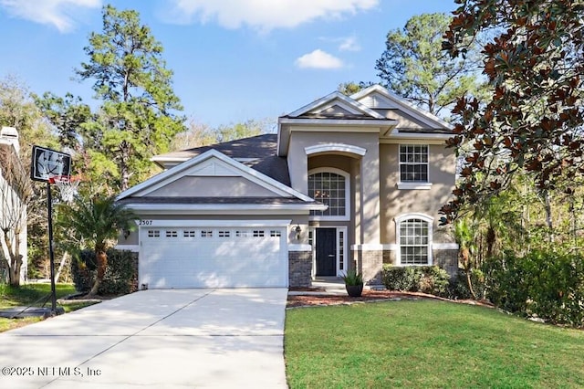 view of front of property featuring brick siding, stucco siding, concrete driveway, an attached garage, and a front yard