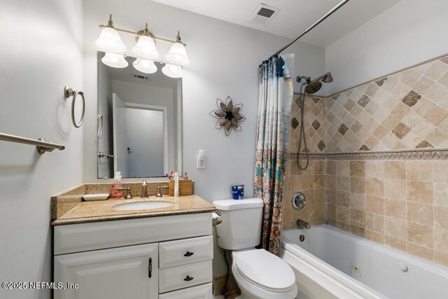 full bathroom with toilet, vanity, visible vents, and shower / tub combo with curtain