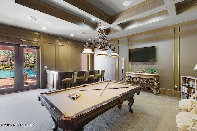 rec room featuring light carpet, beamed ceiling, coffered ceiling, and visible vents