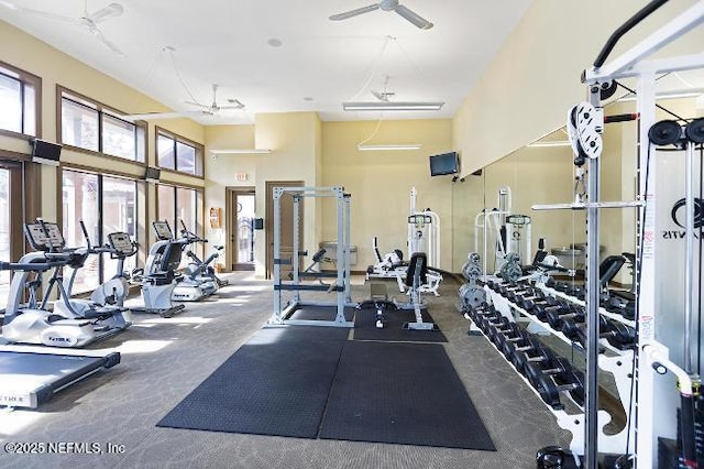 exercise room featuring a high ceiling