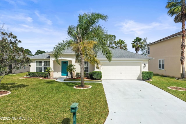 single story home featuring a garage, concrete driveway, a front lawn, and stucco siding