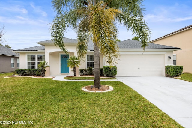 view of front of home featuring an attached garage, driveway, roof with shingles, stucco siding, and a front yard