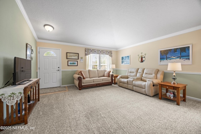 living room featuring carpet floors, crown molding, a textured ceiling, and baseboards