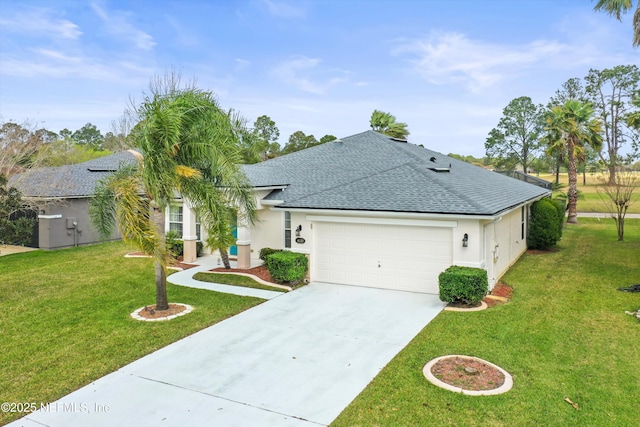 ranch-style home featuring a garage, concrete driveway, a front lawn, and stucco siding