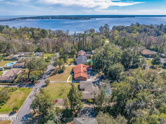 aerial view featuring a water view