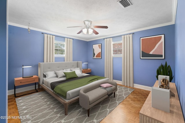 bedroom featuring a textured ceiling, a ceiling fan, baseboards, visible vents, and crown molding