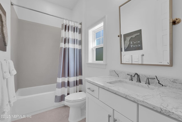 bathroom featuring vanity, toilet, and shower / bathtub combination with curtain