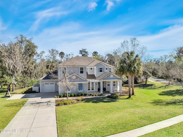 view of front of property featuring fence, driveway, a porch, an attached garage, and a front lawn