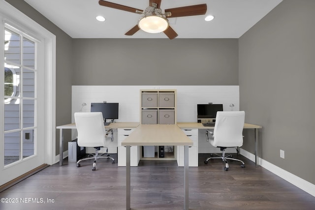 office space featuring dark wood finished floors, recessed lighting, baseboards, and ceiling fan