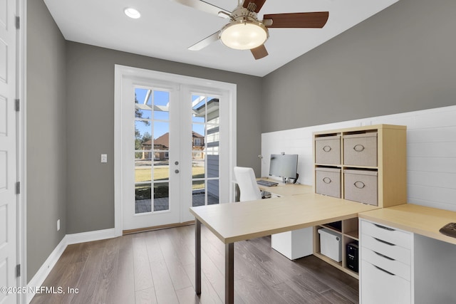 home office with ceiling fan, french doors, baseboards, and dark wood finished floors