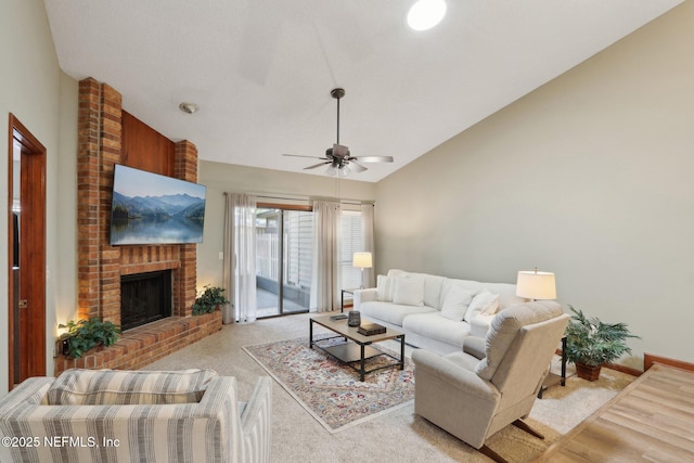 carpeted living room featuring baseboards, a brick fireplace, a ceiling fan, and vaulted ceiling