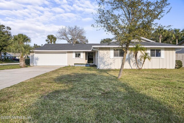 ranch-style home with driveway, a front lawn, and a garage