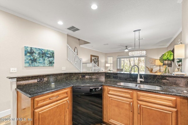 kitchen with visible vents, dark stone counters, dishwasher, crown molding, and a sink