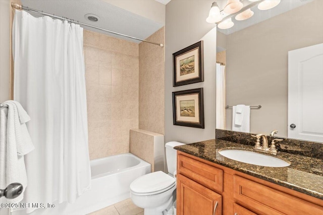 bathroom with shower / bath combo, vanity, toilet, and tile patterned floors