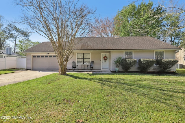 single story home with fence, a porch, a front yard, a garage, and driveway