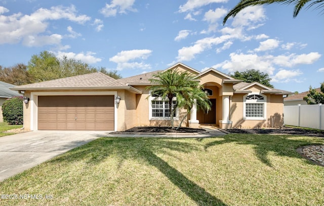 view of front facade featuring stucco siding, a front lawn, driveway, fence, and an attached garage