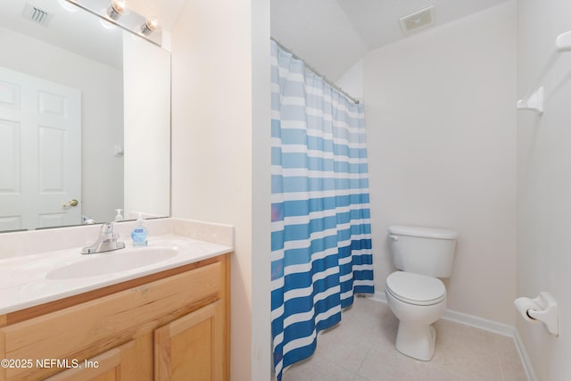 full bath with tile patterned flooring, visible vents, toilet, and vanity