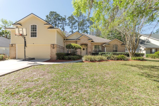 view of front of home featuring brick siding, a garage, concrete driveway, and a front lawn