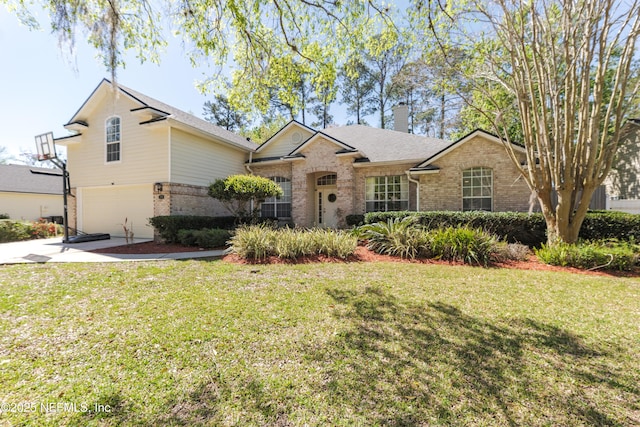 single story home with brick siding, an attached garage, a front yard, a chimney, and driveway