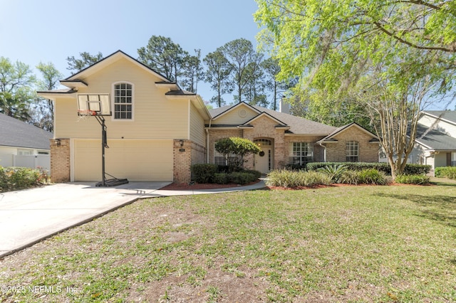 view of front facade with brick siding, concrete driveway, a garage, and a front yard